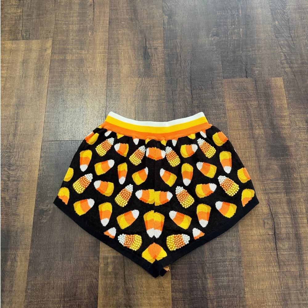 Queen of Sparkles Candy Corn Rhinestone Knit Shorts XS Halloween Lounge Shorts - Picture 3 of 9